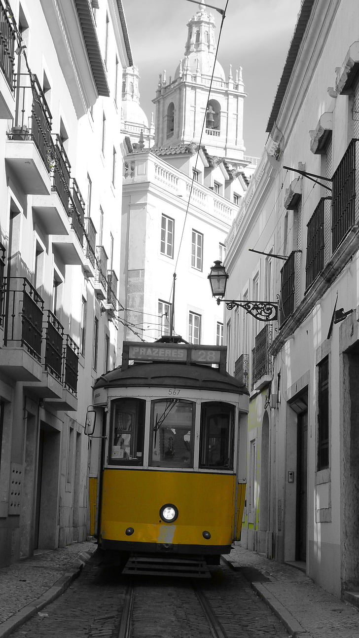 tramwaj, środki transportu, transportu, Stare Miasto, Lizbona, Architektura, ruchu
