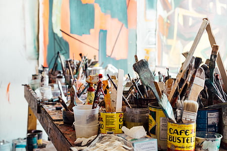 paintbrush, tin, cans, paint, brushes, art, supplies