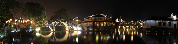 malam, Cina, air, bangunan, Jembatan, mencerminkan, cahaya
