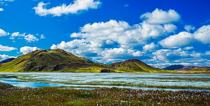 Islandia, panoramy, góry, niebo, chmury, Rzeka, Jezioro