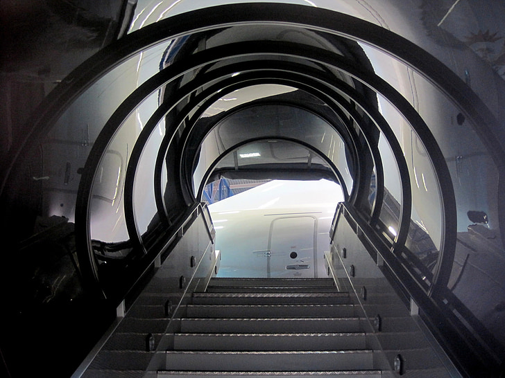 escalator, moving staircase, moving stairway, moving stairs, aircraft, boarding, stairs