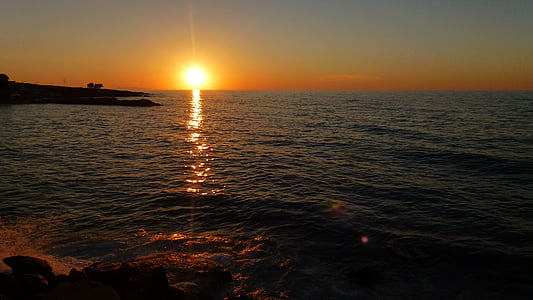 solnedgång, havet, Bay, siluett, strålar, solen, hamn