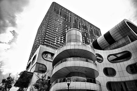 architecture, black-and-white, building, high-rise, low angle shot, perspective, skyscraper