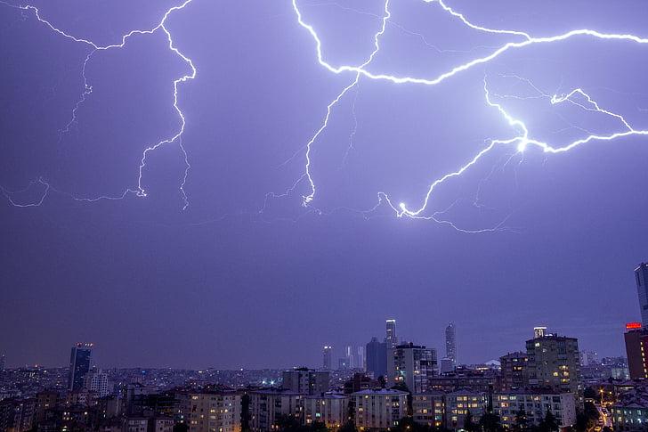 thunder, lightning, cityscape, sky, weather, rain, storm
