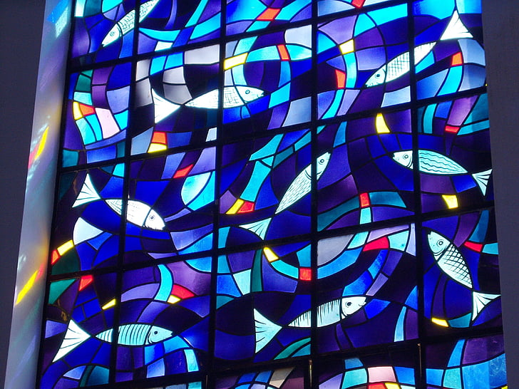 kaca patri, jendela kaca patri, ikan, Lambang Kekristenan, Katedral, Sao carlos