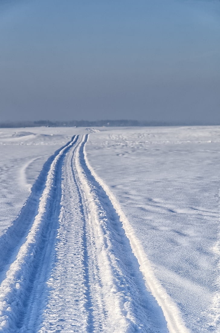 snow, road, snowmobile, sun, winter, winter road, frost
