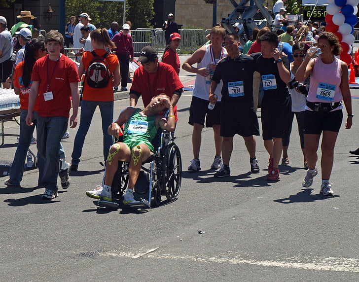 maraton, wyścig, Runner, wyczerpany, wózek inwalidzki, Zakończ, San francisco