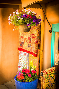adobe, santa fe, new mexico, flowers, porch