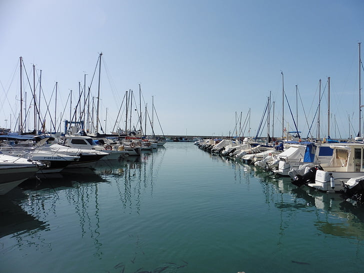 Portuària, vaixells, bota, veler, l'aigua, Algarrobo-costa, Espanya