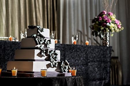 bryllup, kage, bryllupskage, stearinlys, tabel, dekoration