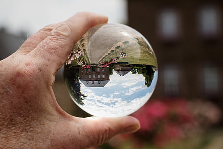 glass ball, glass ball photo, mirroring, town hall, architecture, building, historically