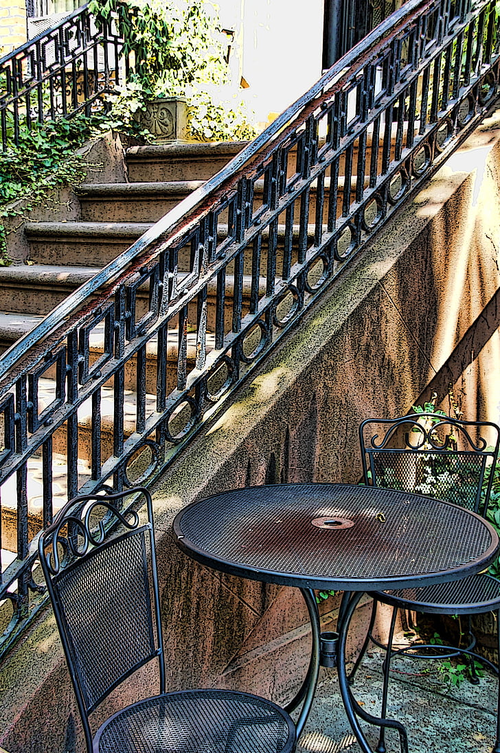 stopnice, Tabela, stoli, ograja, New york, Brooklyn