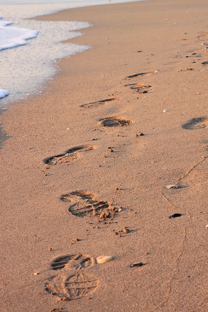 beach, footprint, sand, water, waves, summer