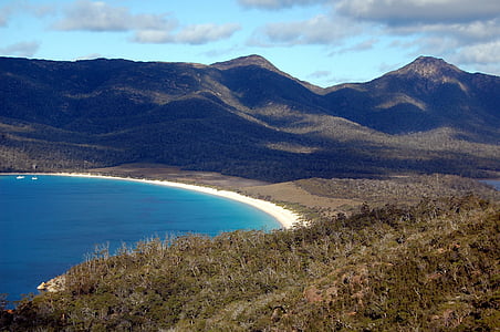 酒杯湾, 塔斯马尼亚岛, 澳大利亚, 海滩, 空, 山脉