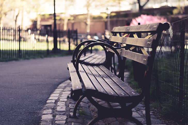 benches, outdoors, park, path, focus on foreground, no people, day