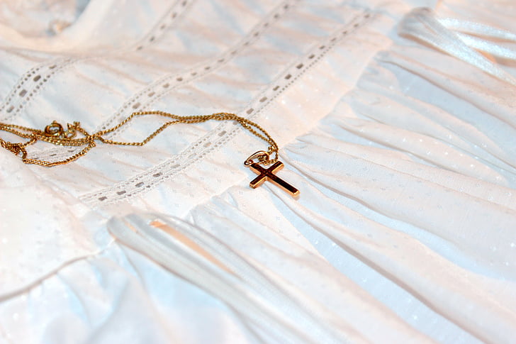 cross, gold cross, chain, baptism bracelet, symbol, faith, religion