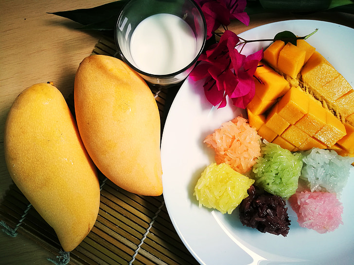 Mango, frukt, klebrig ris, kokosmelk, søt, spise, deliciois