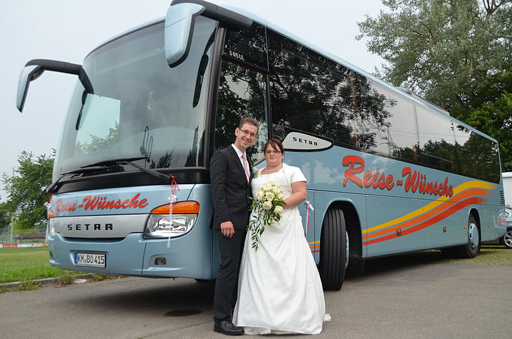 wedding, bus, celebration, family, lovers, marriage