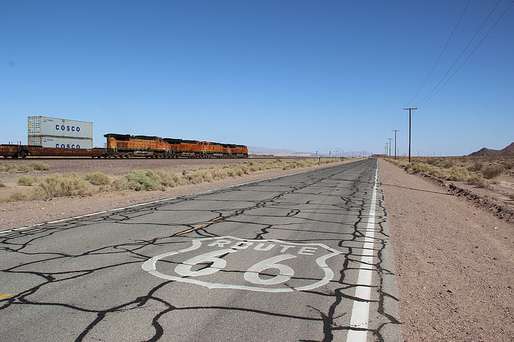 Route66, vilciens, Amerika, ASV, asfalta, plaisas