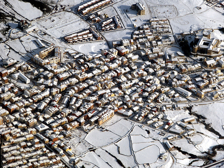 City, hjem, vinter, sne, Luftfoto, Spanien, Se
