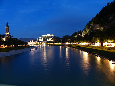 Salzburg, fotografía de noche, Salzach, Río, iluminación, noche, oscuro
