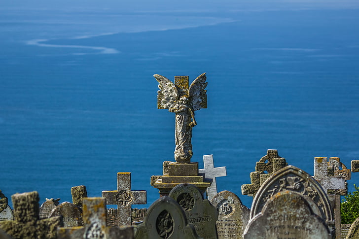 the statue of, monument, angel, ocean, cross, church, christianity