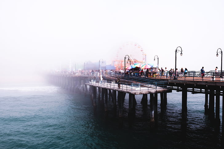bridge, fog, people, pier, water, sea
