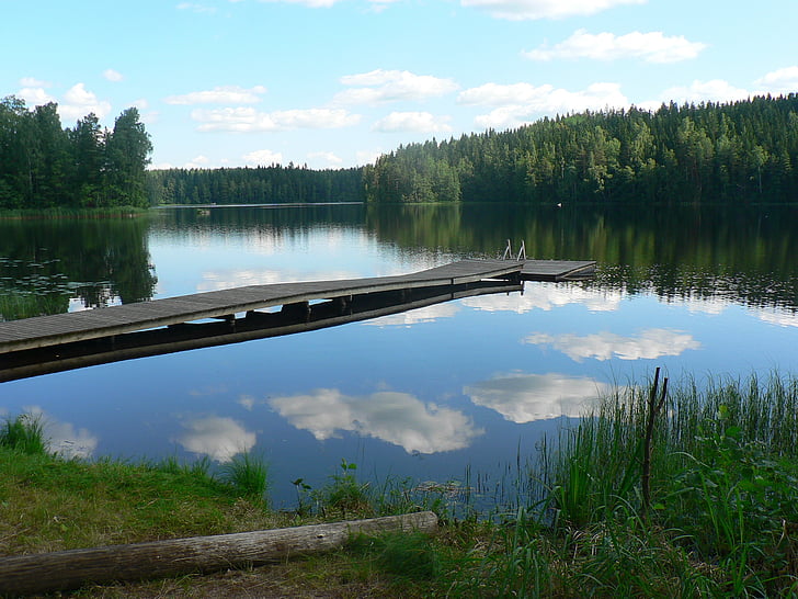 jezero, krajolik, finski, plaža, vode, ljeto, nebo