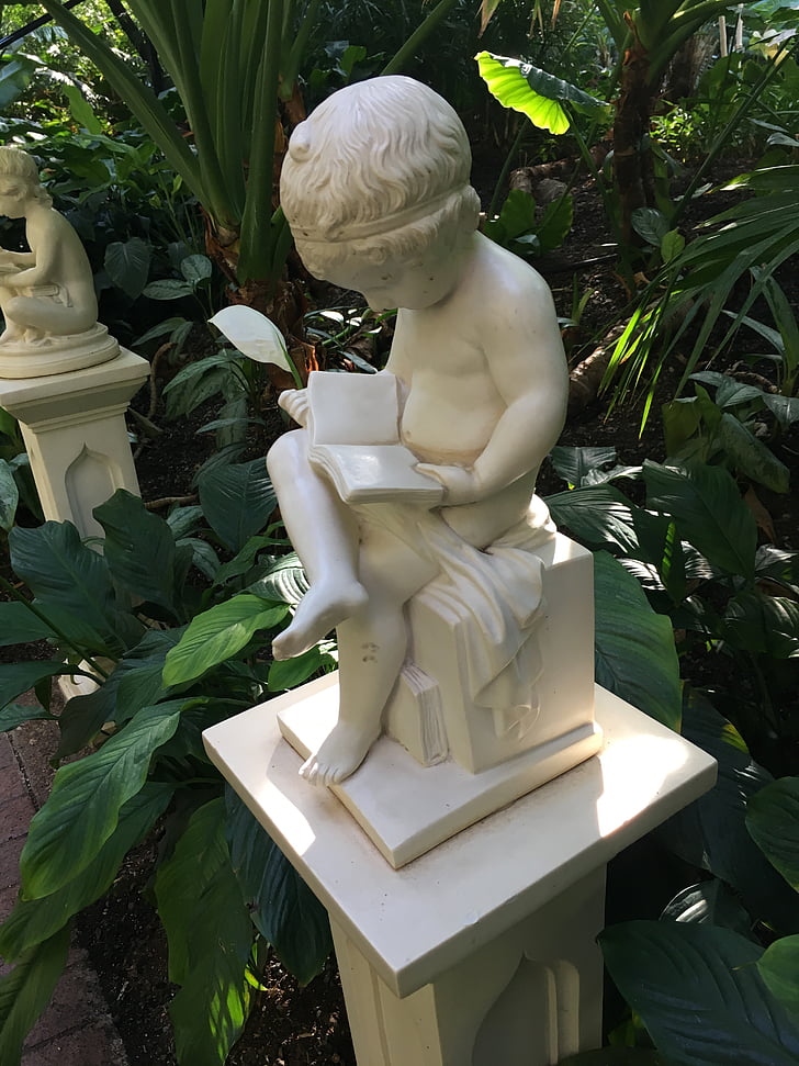 read, book, sitting, child reading, statue, garden, reading book