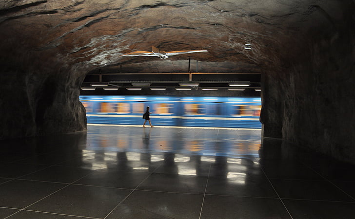 azul, tren, metro, estación de, transporte, metro, en el interior