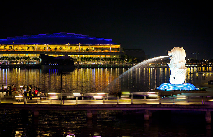 singapore, night view, commercial, city, building, sea, merlion