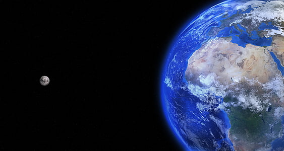 โลก, โลก, ดวงจันทร์, โลก, ดาวเคราะห์, แผ่นดินโลก, สีฟ้า