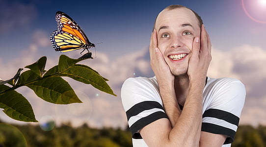 belcev, moški, je, navdušena, o, poletnem času, metulj