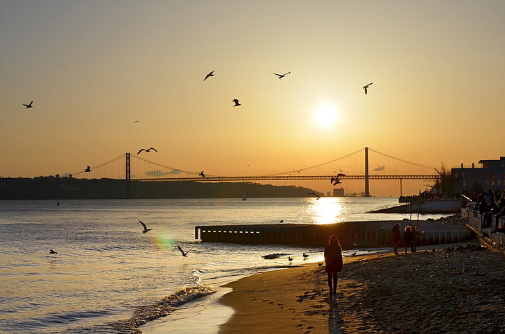 Lisboa, Pont, riu, posta de sol, ciutat, Portugal, llum