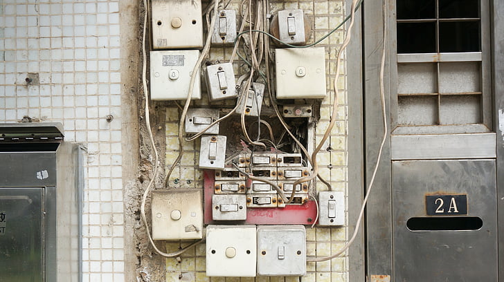 broken, dirty, electrical wires, electricity, outlet, steel, switch
