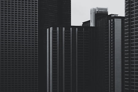 skyskrapere, svart-hvitt, byen, svart, hvit, bygge, arkitektur