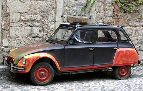 Mobil, 2CV, lama, merah, simbol, depan, Prancis