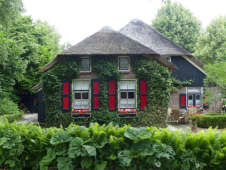 idyllische rietgedekte cottage, Giethoorn, Nederland, het groene Venetië van het noorden, huis, het platform, hout - materiaal