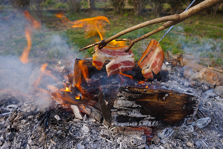 bacon, baking, spit, barbecue, nature, fire