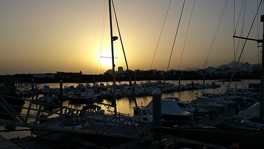 Marina, útes, Lanzarote, ostrov, Atlantik, Západ slunce, námořní plavidla