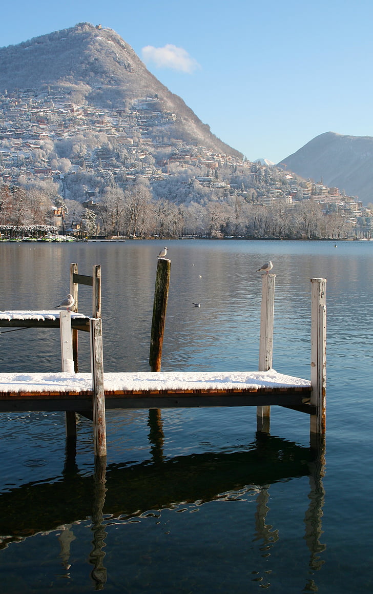 Lugano, Šveicarija, vandens, ežeras, kalnai, žiemą, sniego