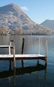 Lugano, Svájc, víz, tó, hegyek, téli, hó