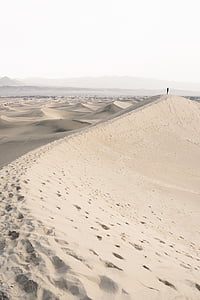personsa, standing, sand, dune, desert, gray, sky
