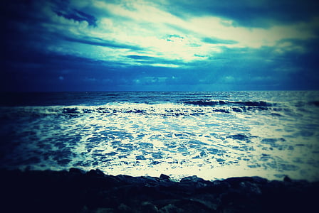 비치, 블루, 구름, 새벽, 수평선, 자연, 바다