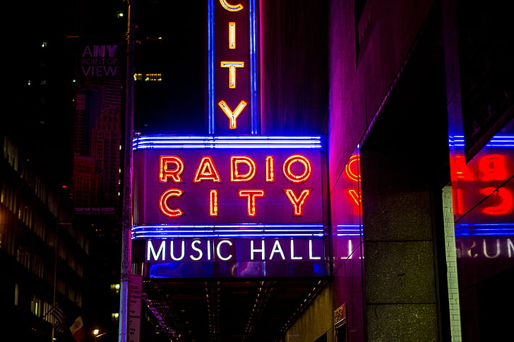 radia, Miasto, Muzyka, Hall, oświetlony, Neon, oznakowanie