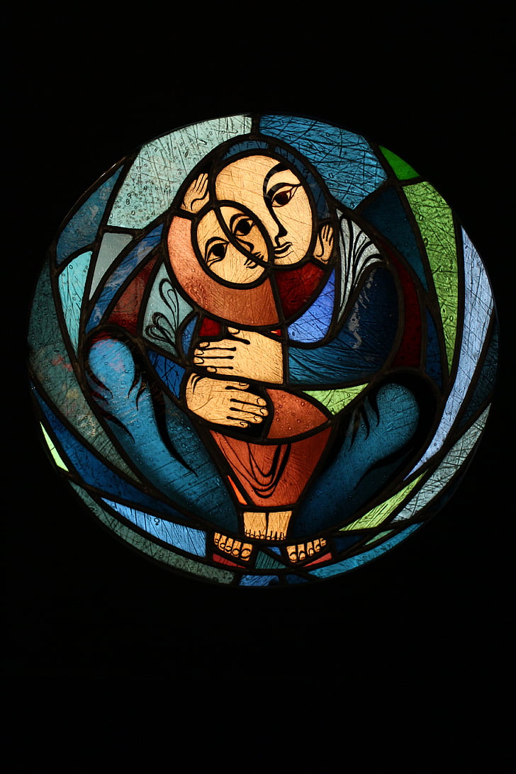 ventana de cristal, Kevin schneider-lang, madre con niño, Iglesia, ventana de iglesia, glasmalereie, niño