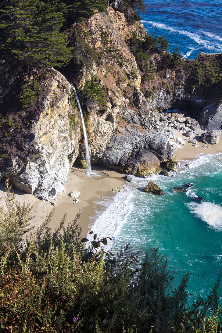 beach, waterfall, coastal, california, west coast, sea, natural