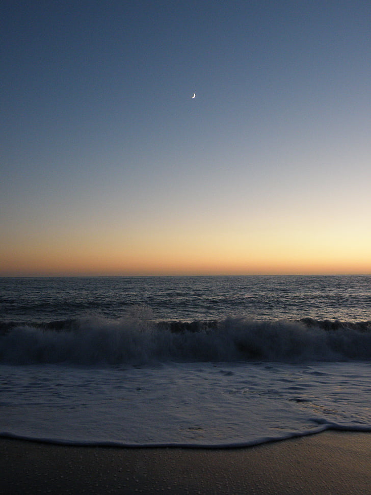 jūra, paplūdimys, bangos, naktį, vakare, vasaros, Saulėlydis