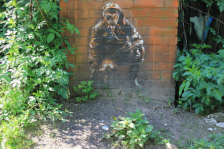 Graffiti, veggmaleri, gatekunst, kunst, sprøyta, vegg, person