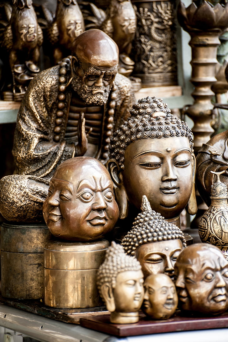 Buddha, hlava, výzdoba, socha, starožitnost, obrázek, náboženství